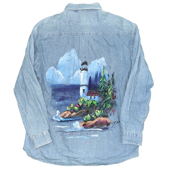 Other - Vintage hand painted lighthouse denim button up. L